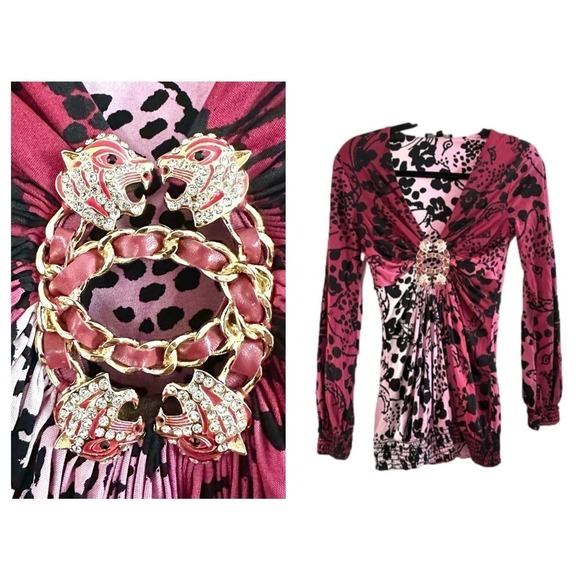 SKY Halo RARE Pink Animal Print Jaguar Metal Chain Rhinestone Medallion Top Y2K